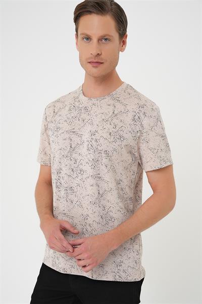 Comfort Fit Bisiklet Yaka Batik Görünmlü Kısa Kol Casual Bej Tişört Ts 905
