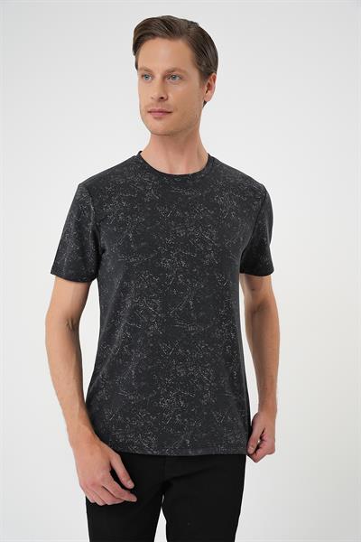 Comfort Fit Bisiklet Yaka Batik Görünmlü Kısa Kol Casual Siyah Tişört Ts 905