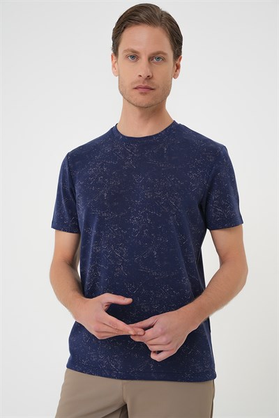Comfort Fit Bisiklet Yaka Batik Görünümlü Esnek Pamuk Lacivert Tişört TS 905