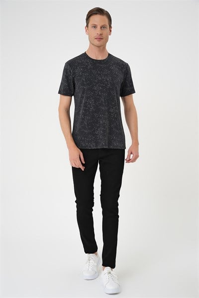 Comfort Fit Bisiklet Yaka Batik Görünümlü Esnek Pamuk Siyah Tişört TS 905