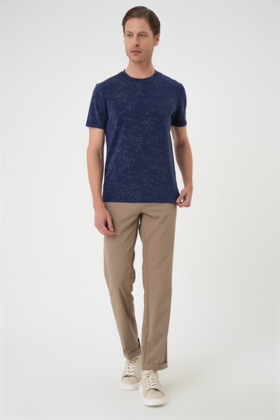 Comfort Fit Bisiklet Yaka Batik Görünümlü Esnek Pamuk Lacivert Tişört TS 905