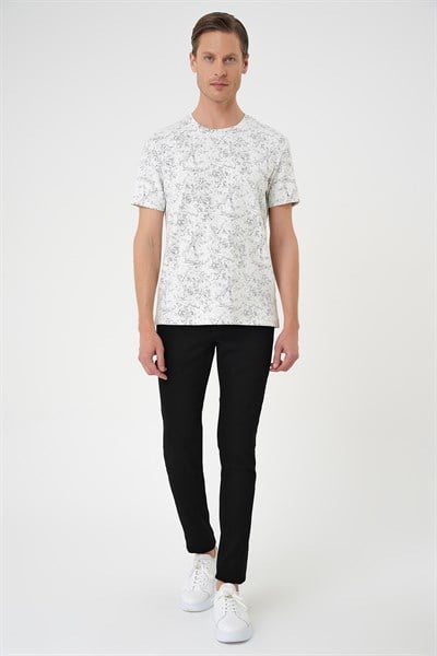 Comfort Fit Bisiklet Yaka Batik Görünümlü Esnek Pamuk Ekru Tişört TS 905
