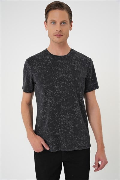 Comfort Fit Bisiklet Yaka Batik Görünümlü Esnek Pamuk Siyah Tişört TS 905