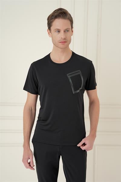 Comfort Fit Bisiklet Yaka Cep Baskılı Casual Siyah Tişört Ts 897