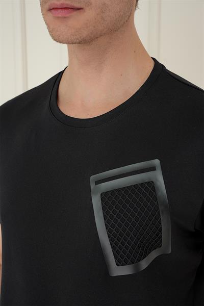 Comfort Fit Bisiklet Yaka Cep Baskılı Casual Siyah Tişört Ts 897