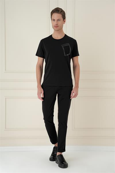 Comfort Fit Bisiklet Yaka Cep Baskılı Casual Siyah Tişört Ts 897