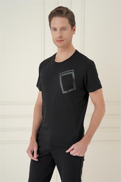 Comfort Fit Bisiklet Yaka Cep Baskılı Casual Siyah Tişört Ts 897