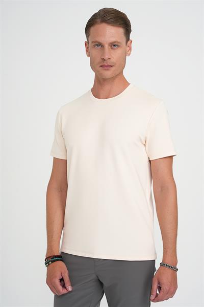 Comfort Fit Bisiklet Yaka Esnek Pamuk Casual Krem Tişört Ts 885