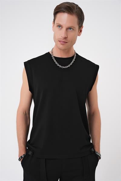 Comfort Fit Bisiklet Yaka Esnek Pamuk Kolsuz Spor Siyah Tişört Ts 898