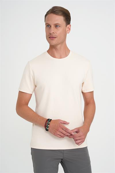 Comfort Fit Bisiklet Yaka Esnek Pamuk Casual Krem Tişört Ts 885