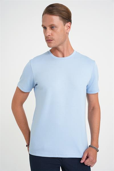 Comfort Fit Bisiklet Yaka Esnek Pamuk Casual Mavi Tişört Ts 885