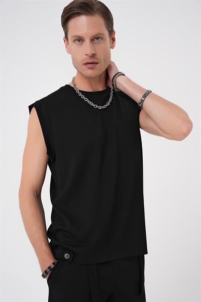 Comfort Fit Bisiklet Yaka Esnek Pamuk Kolsuz Spor Siyah Tişört Ts 898
