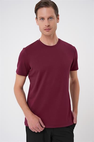 Comfort Fit Bisiklet Yaka Esnek Pamuk Casual Bordo Tişört Ts 885