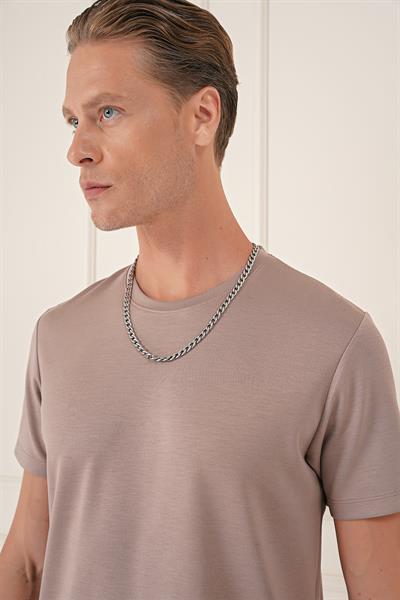 Comfort Fit Bisiklet Yaka Esnek Pamuk Casual Koyu Bej Tişört Ts 885