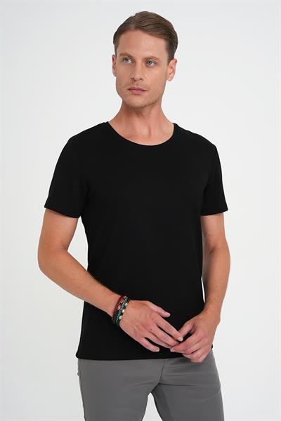 Comfort Fit Bisiklet Yaka Esnek Pamuk Düz Siyah Tişört Ts 915