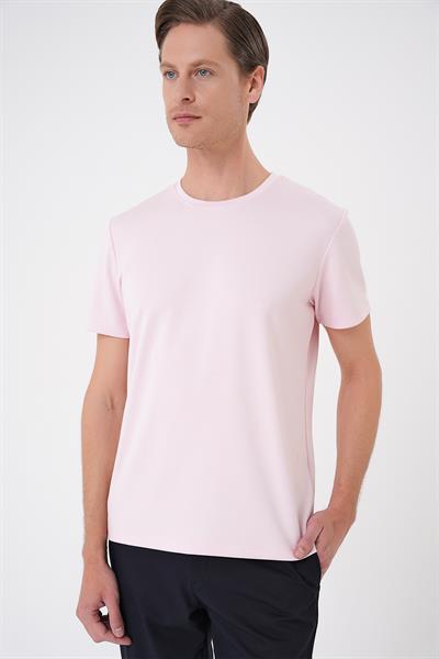 Comfort Fit Bisiklet Yaka Esnek Pamuk Casual Pembe Tişört Ts 885