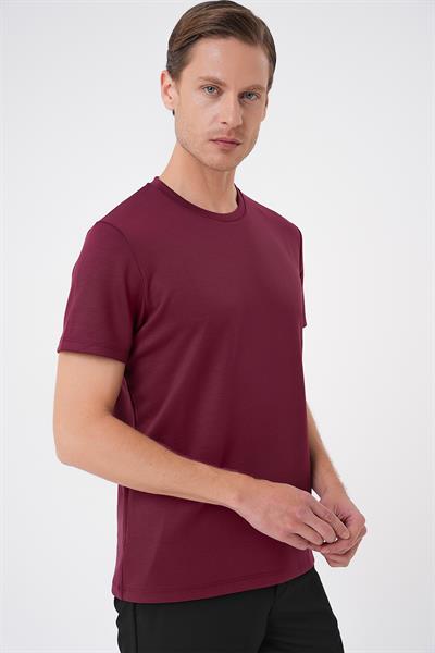 Comfort Fit Bisiklet Yaka Esnek Pamuk Casual Bordo Tişört Ts 885