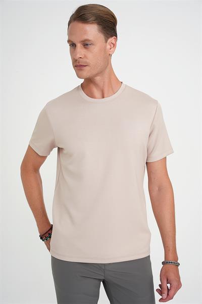 Comfort Fit Bisiklet Yaka Esnek Pamuk Casual Bej Tişört Ts 885