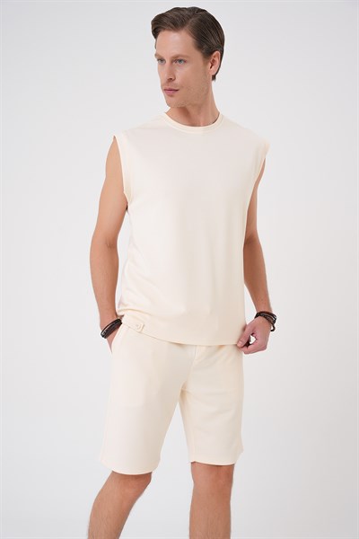 Comfort Fit Bisiklet Yaka Esnek Pamuk Kolsuz Spor Bej Tişört TS 898