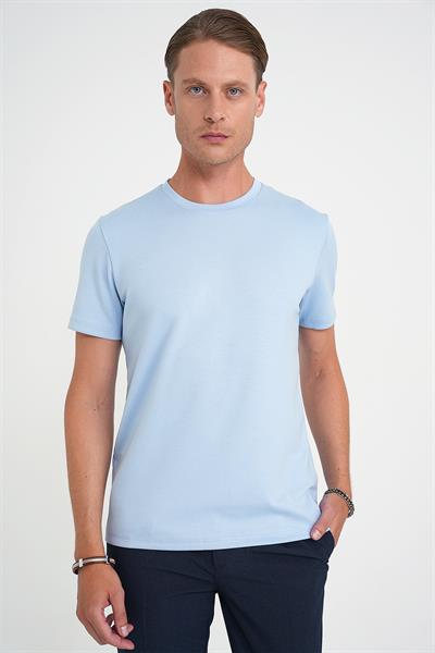 Comfort Fit Bisiklet Yaka Esnek Pamuk Casual Mavi Tişört Ts 885