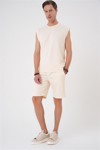 Comfort Fit Bisiklet Yaka Esnek Pamuk Kolsuz Spor Bej Tişört Ts 898