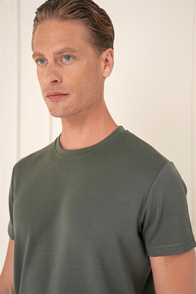 Comfort Fit Bisiklet Yaka Esnek Pamuk Casual Haki Tişört Ts 885