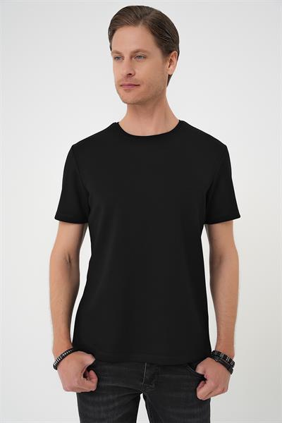 Comfort Fit Bisiklet Yaka Esnek Pamuk Casual Siyah Tişört Ts 885