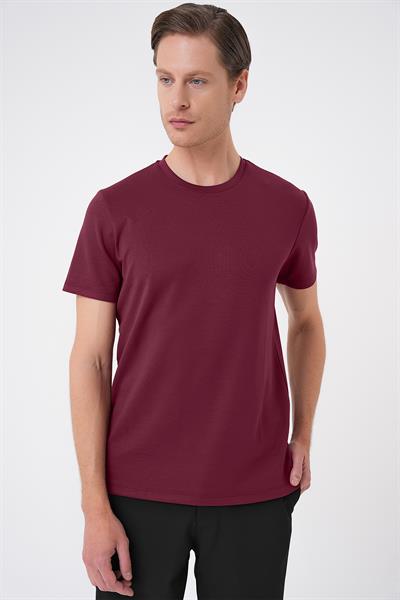 Comfort Fit Bisiklet Yaka Esnek Pamuk Casual Bordo Tişört Ts 885