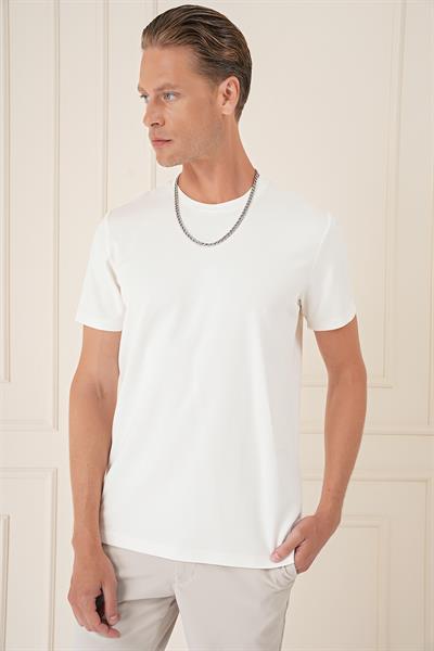 Comfort Fit Bisiklet Yaka Esnek Pamuk Casual Ekru Tişört Ts 885
