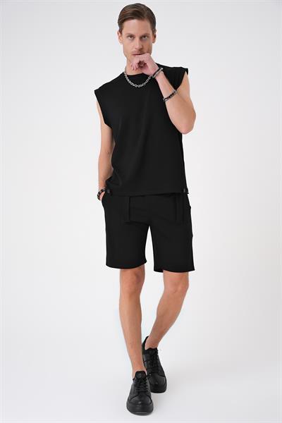 Comfort Fit Bisiklet Yaka Esnek Pamuk Kolsuz Spor Siyah Tişört Ts 898