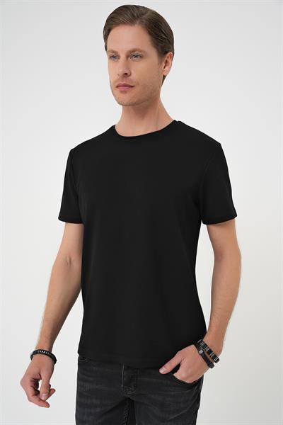 Comfort Fit Bisiklet Yaka Esnek Pamuk Casual Siyah Tişört Ts 885