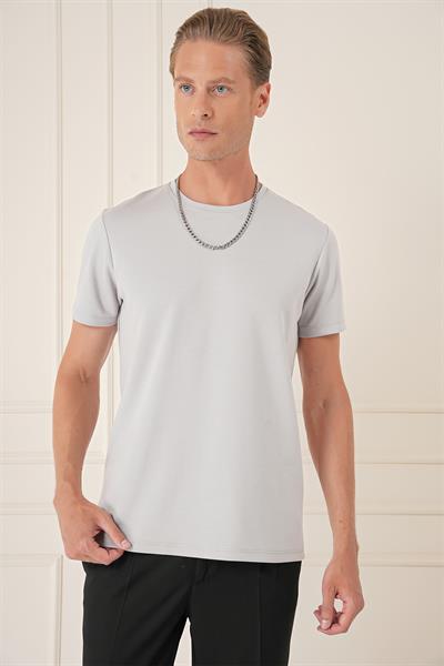 Comfort Fit Bisiklet Yaka Esnek Pamuk Casual Gri Tişört Ts 885