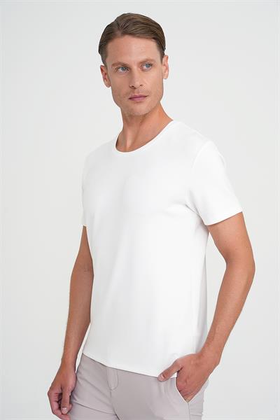 Comfort Fit Bisiklet Yaka Esnek Pamuk Düz Ekru Tişört Ts 915