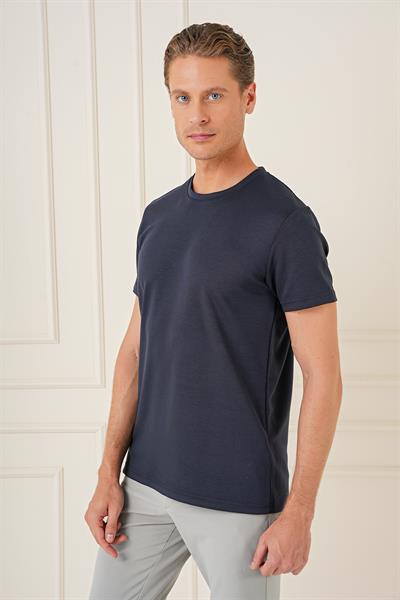 Comfort Fit Bisiklet Yaka Esnek Pamuk Casual Lacivert Tişört Ts 885