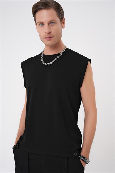 Comfort Fit Bisiklet Yaka Esnek Pamuk Kolsuz Spor Siyah Tişört Ts 898