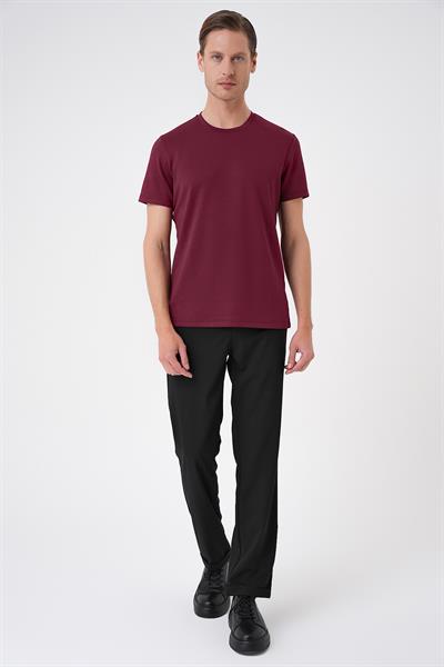 Comfort Fit Bisiklet Yaka Esnek Pamuk Casual Bordo Tişört Ts 885