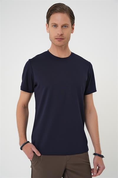 Comfort Fit Bisiklet Yaka Esnek Pamuk Casual Koyu Lacivert Tişört Ts 885