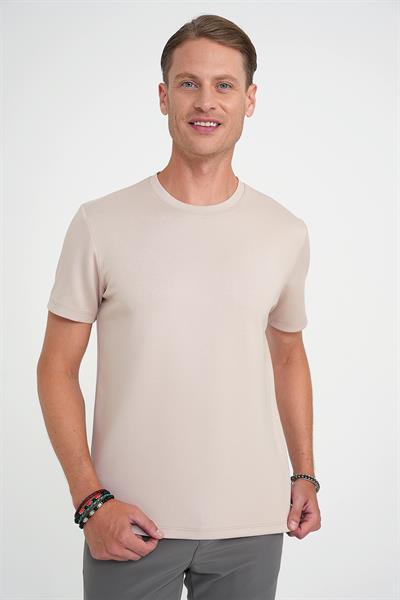 Comfort Fit Bisiklet Yaka Esnek Pamuk Casual Bej Tişört Ts 885