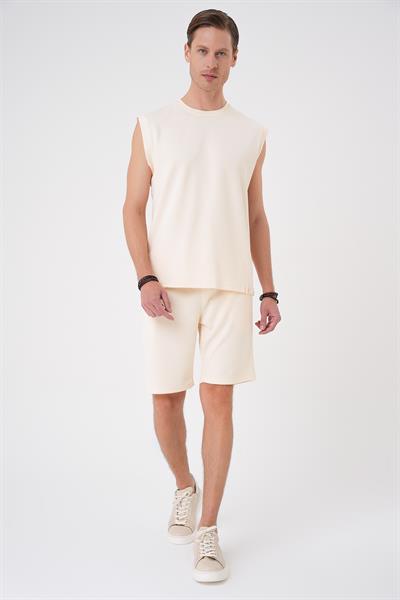 Comfort Fit Bisiklet Yaka Esnek Pamuk Kolsuz Spor Bej Tişört Ts 898