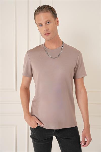 Comfort Fit Bisiklet Yaka Esnek Pamuk Casual Koyu Bej Tişört Ts 885