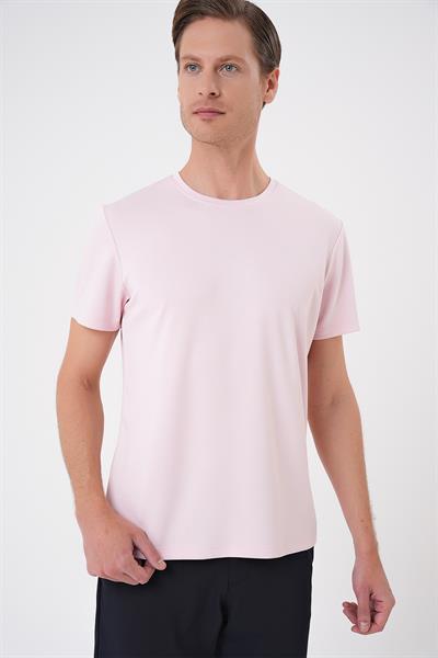 Comfort Fit Bisiklet Yaka Esnek Pamuk Casual Pembe Tişört Ts 885