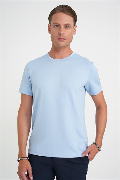Comfort Fit Bisiklet Yaka Esnek Pamuk Casual Mavi Tişört Ts 885