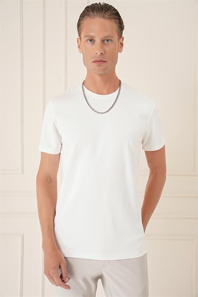 Comfort Fit Bisiklet Yaka Esnek Pamuk Casual Ekru Tişört Ts 885