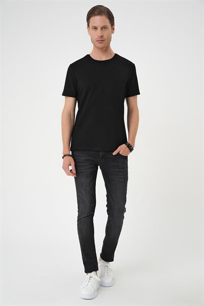 Comfort Fit Bisiklet Yaka Esnek Pamuk Casual Siyah Tişört Ts 885