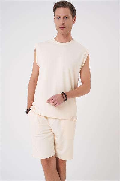 Comfort Fit Bisiklet Yaka Esnek Pamuk Kolsuz Spor Bej Tişört Ts 898