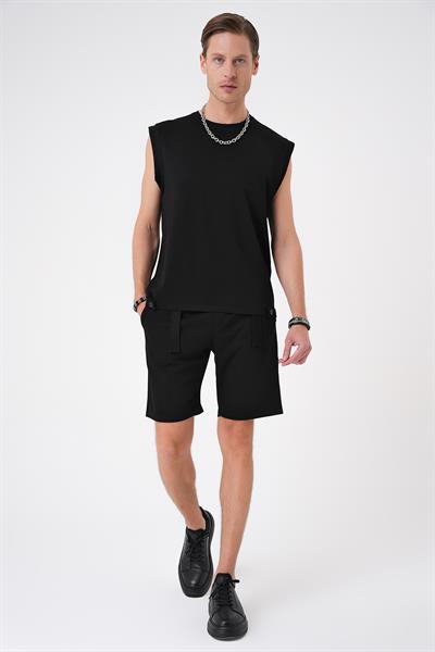 Comfort Fit Bisiklet Yaka Esnek Pamuk Kolsuz Spor Siyah Tişört Ts 898