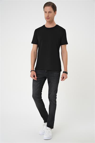 Comfort Fit Bisiklet Yaka Esnek Pamuk Casual Siyah Tişört Ts 885
