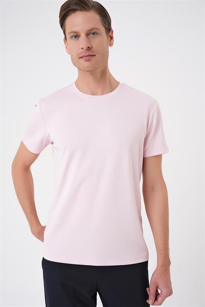 Comfort Fit Bisiklet Yaka Esnek Pamuk Casual Pembe Tişört Ts 885