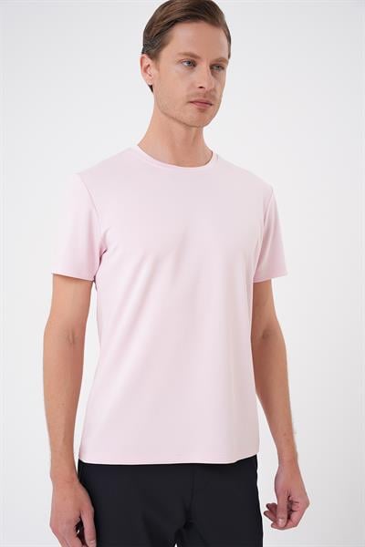 Comfort Fit Bisiklet Yaka Esnek Pamuk Casual Pembe Tişört Ts 885