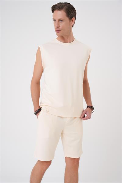 Comfort Fit Bisiklet Yaka Esnek Pamuk Kolsuz Spor Bej Tişört Ts 898